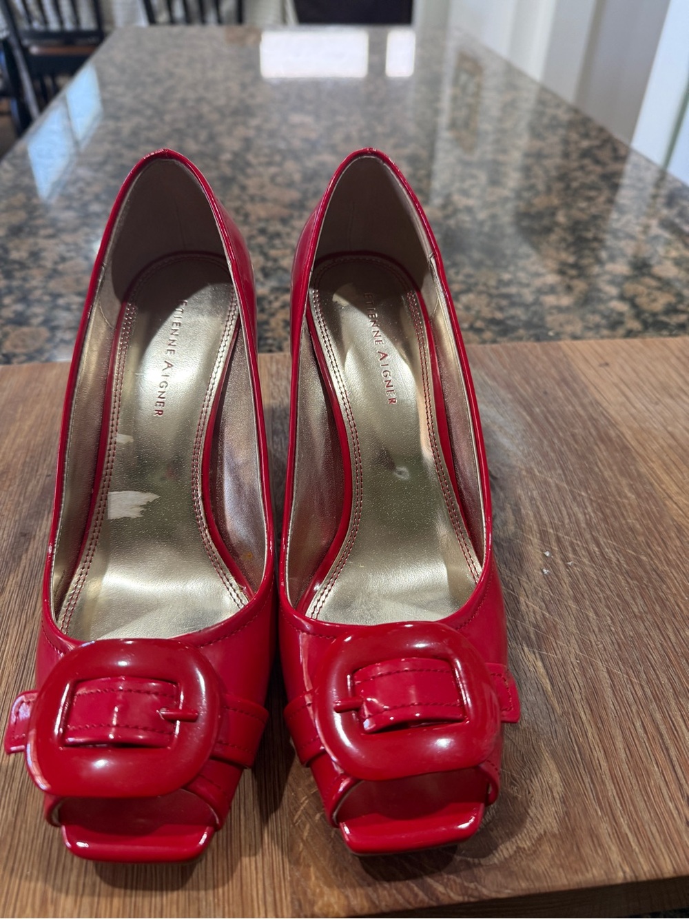 Etienne Aigner Red Patent Peep-Toe Pumps with Buckle